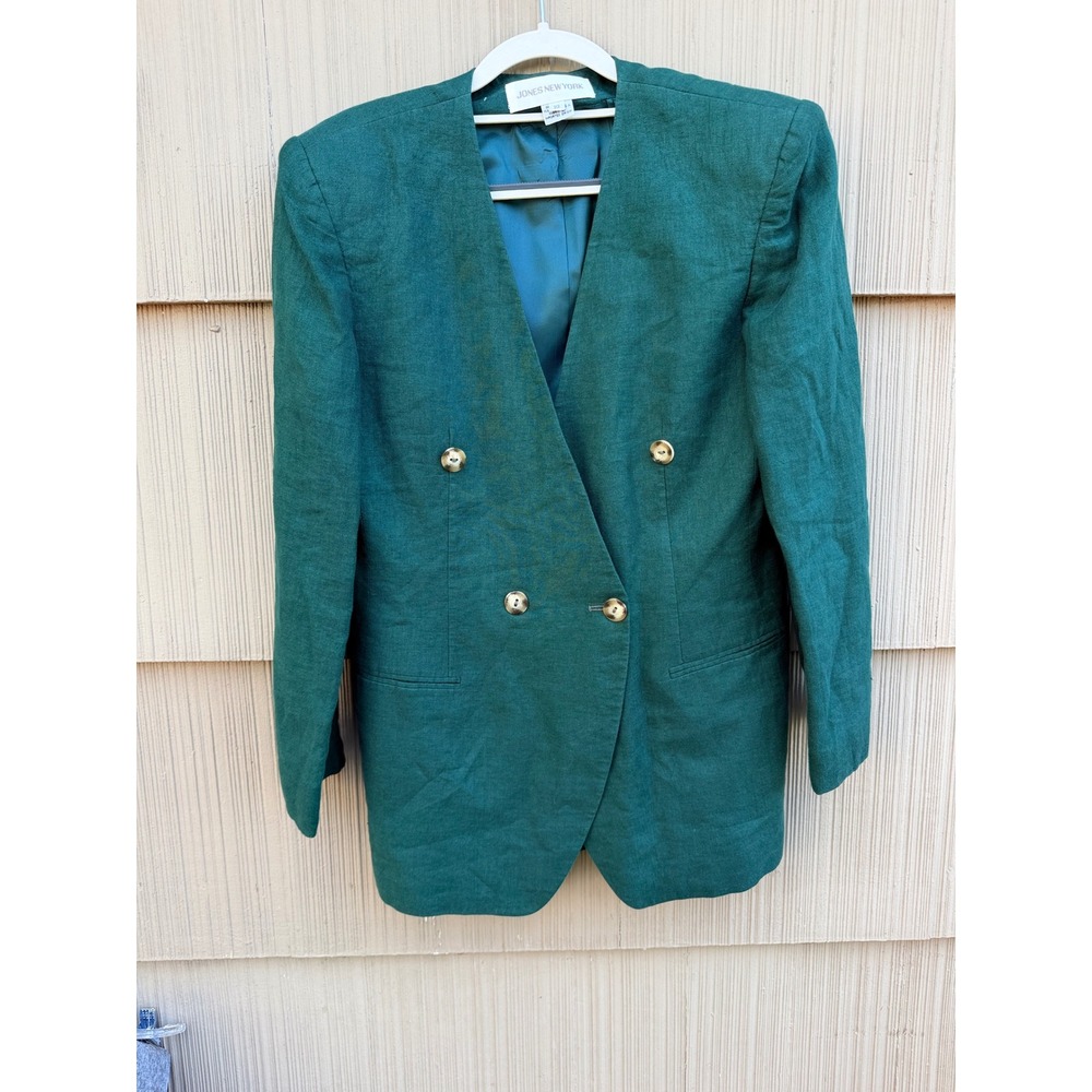 Jones New York Green Double Breasted Collarless Blazer Gold Buttons Size 10